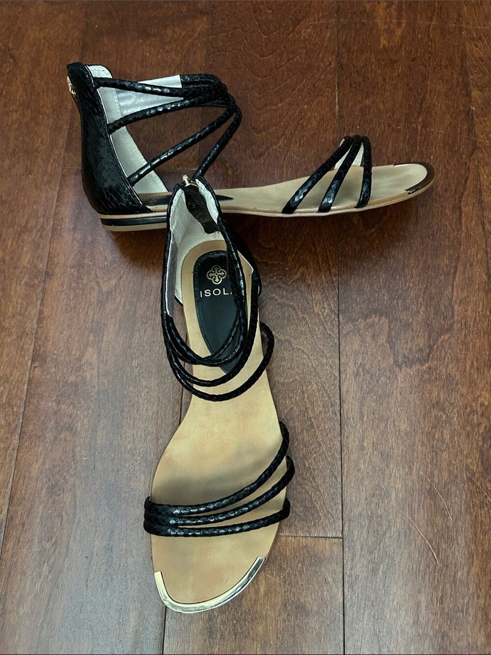 Isola Black Strappy Ankle-Wrap Snakeprint Sandal with Metallic Toe Cap, Size 9.5